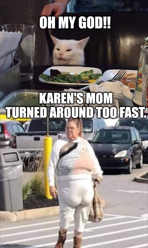 OH MY GOD!! KAREN'S MOM TURNED AROUND TOO FAST. | image tagged in smudge the cat,funny memes | made w/ Imgflip meme maker