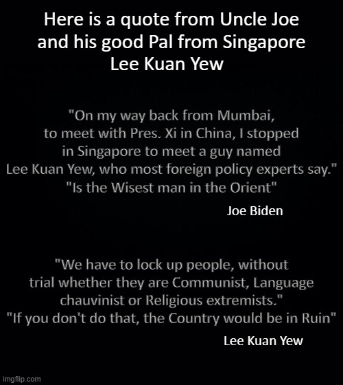 For the People | Here is a quote from Uncle Joe
and his good Pal from Singapore
Lee Kuan Yew; "On my way back from Mumbai, to meet with Pres. Xi in China, I stopped in Singapore to meet a guy named Lee Kuan Yew, who most foreign policy experts say."
"Is the Wisest man in the Orient"; Joe Biden; "We have to lock up people, without trial whether they are Communist, Language chauvinist or Religious extremists."
"If you don't do that, the Country would be in Ruin"; Lee Kuan Yew | image tagged in fake,smiles | made w/ Imgflip meme maker