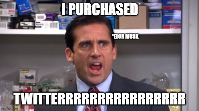 Elon Musk Should Do this Once It Is Official | I PURCHASED; *ELON MUSK; TWITTERRRRRRRRRRRRRRRR | image tagged in the office bankruptcy | made w/ Imgflip meme maker