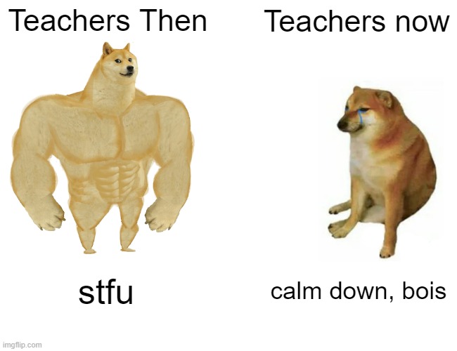 Buff Doge vs. Cheems | Teachers Then; Teachers now; stfu; calm down, bois | image tagged in memes,buff doge vs cheems | made w/ Imgflip meme maker