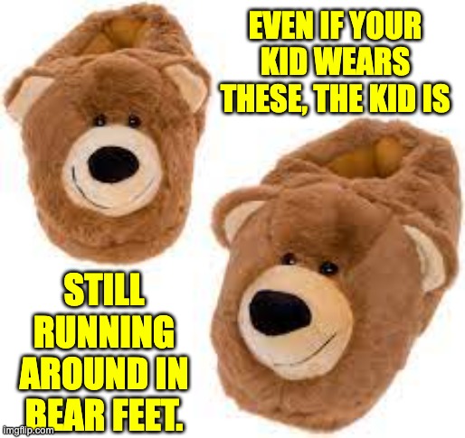Bear | EVEN IF YOUR KID WEARS THESE, THE KID IS; STILL RUNNING AROUND IN BEAR FEET. | image tagged in bad pun | made w/ Imgflip meme maker