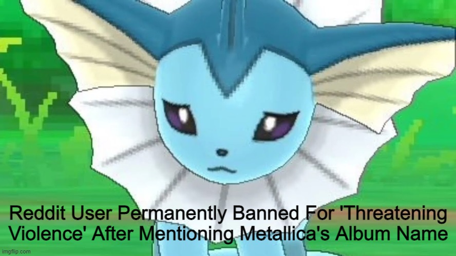 bruh | Reddit User Permanently Banned For 'Threatening Violence' After Mentioning Metallica's Album Name | image tagged in vaporeon sad | made w/ Imgflip meme maker