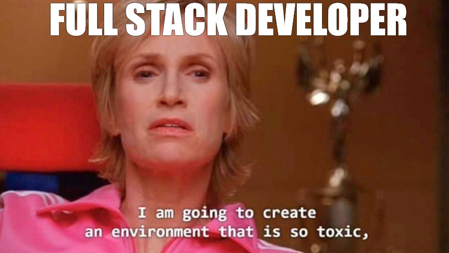 THE BUILD | FULL STACK DEVELOPER | image tagged in sue sylvester | made w/ Imgflip meme maker