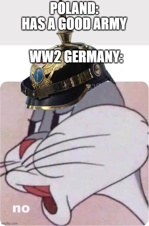 ik the helmet is from ww1 but that is the only one i found | POLAND: HAS A GOOD ARMY; WW2 GERMANY: | image tagged in bugs bunny no,ww2,ww2 memes | made w/ Imgflip meme maker