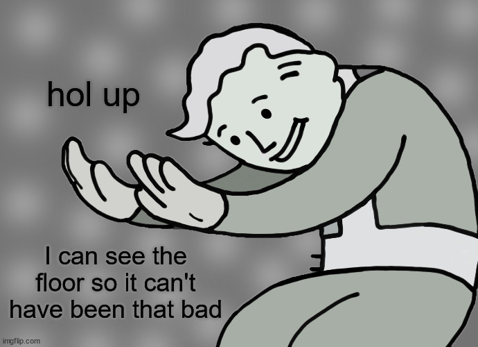 Hol up | hol up I can see the floor so it can't have been that bad | image tagged in hol up | made w/ Imgflip meme maker