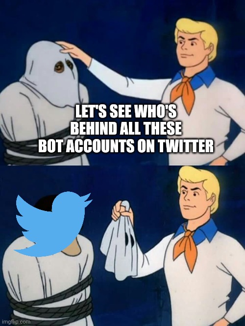 Scooby doo mask reveal | LET'S SEE WHO'S BEHIND ALL THESE BOT ACCOUNTS ON TWITTER | image tagged in scooby doo mask reveal,twitter,elon musk,bots,russian bots | made w/ Imgflip meme maker