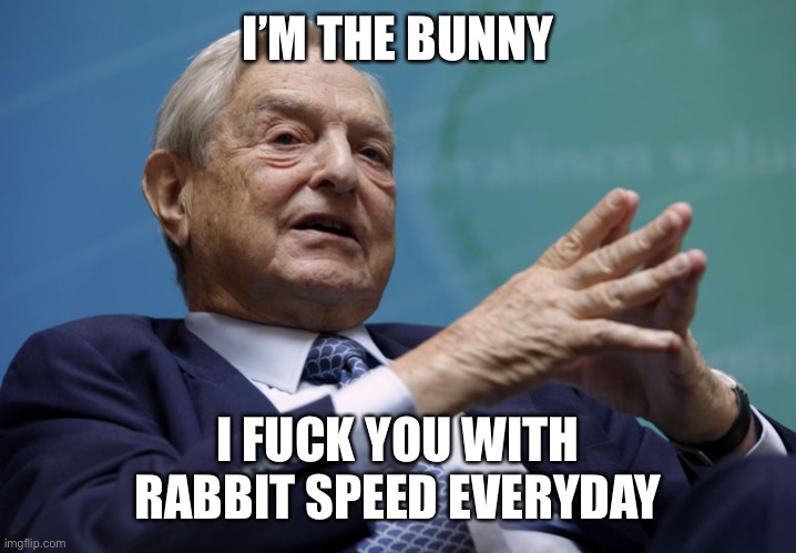 George Soros | I’M THE BUNNY I FUCK YOU WITH RABBIT SPEED EVERYDAY | image tagged in george soros | made w/ Imgflip meme maker