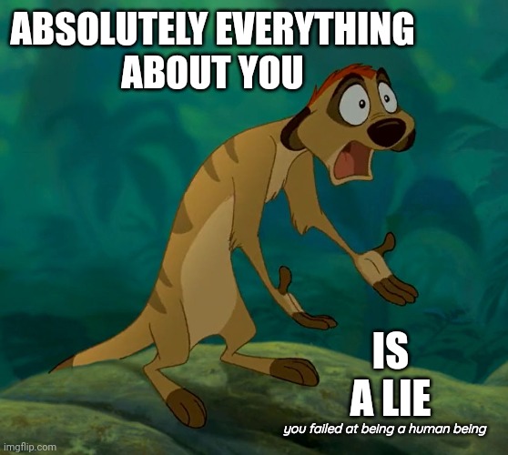 Failure | ABSOLUTELY EVERYTHING
ABOUT YOU; IS A LIE; you failed at being a human being | image tagged in baffled timon,failure,fail,fails,failed,memes | made w/ Imgflip meme maker
