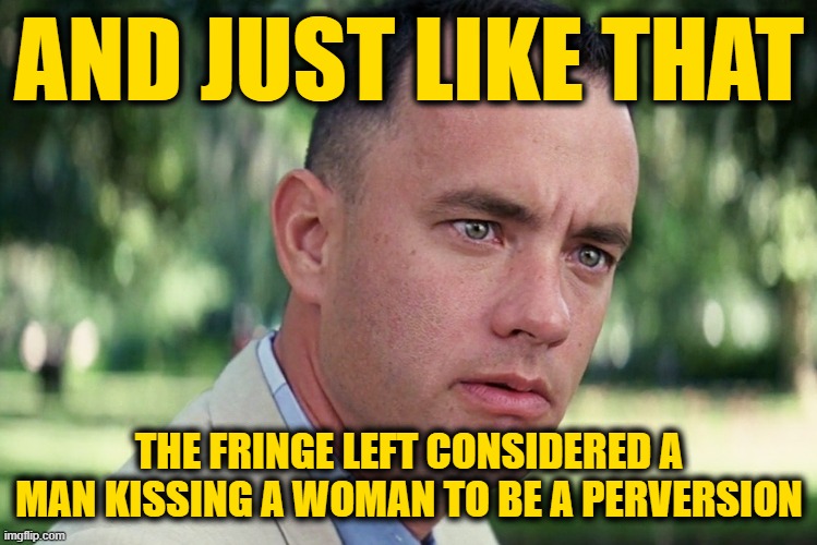 And Just Like That Meme | AND JUST LIKE THAT THE FRINGE LEFT CONSIDERED A MAN KISSING A WOMAN TO BE A PERVERSION | image tagged in memes,and just like that | made w/ Imgflip meme maker