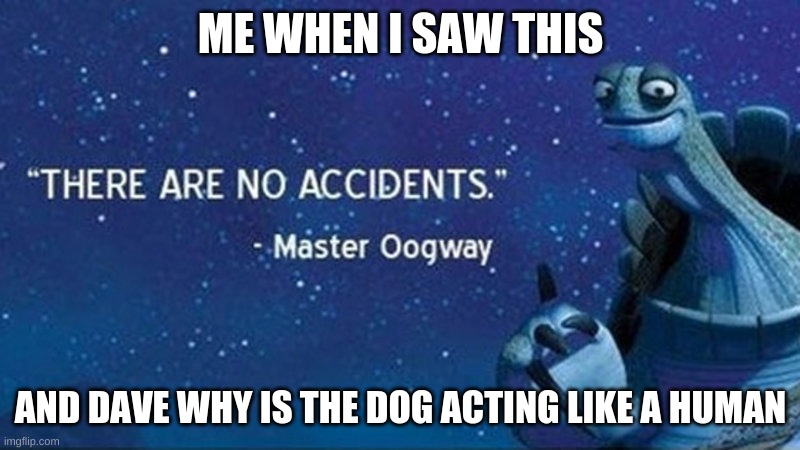 what da dog doing | ME WHEN I SAW THIS; AND DAVE WHY IS THE DOG ACTING LIKE A HUMAN | image tagged in there are no accidents | made w/ Imgflip meme maker