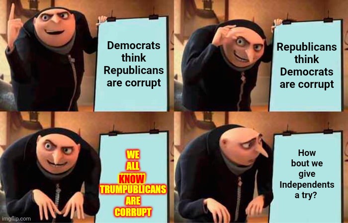 They Couldn't Do Worse | Republicans think Democrats are corrupt; Democrats think Republicans are corrupt; WE
ALL
KNOW
TRUMPUBLICANS
ARE
CORRUPT; How bout we give Independents a try? KNOW | image tagged in memes,gru's plan,democrats,republicans,trumpublican terrorists,independents | made w/ Imgflip meme maker