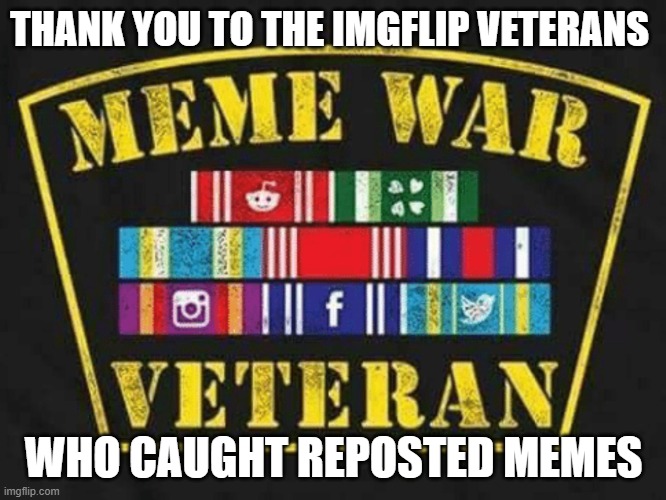 This ain't a repost. | THANK YOU TO THE IMGFLIP VETERANS; WHO CAUGHT REPOSTED MEMES | image tagged in meme war veteran,oh wow are you actually reading these tags,why are you reading this,stop reading the tags | made w/ Imgflip meme maker