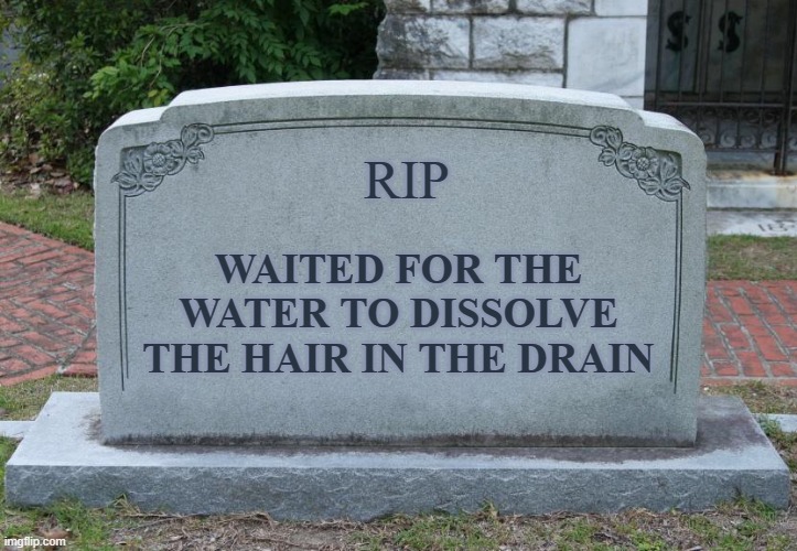 yeah, but it did dissolve it in the end | RIP; WAITED FOR THE WATER TO DISSOLVE THE HAIR IN THE DRAIN | image tagged in gravestone | made w/ Imgflip meme maker