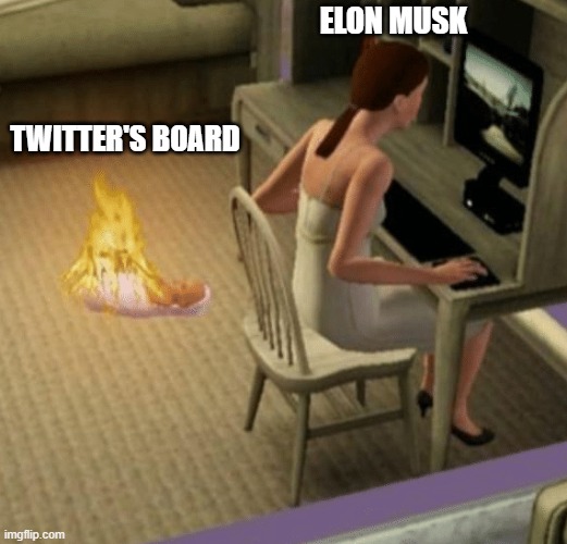 sims baby on fire | ELON MUSK; TWITTER'S BOARD | image tagged in sims baby on fire,elon musk,twitter,memes,funny memes,funny | made w/ Imgflip meme maker