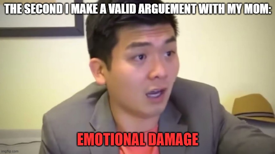 Emotional Damage | THE SECOND I MAKE A VALID ARGUEMENT WITH MY MOM:; EMOTIONAL DAMAGE | image tagged in emotional damage | made w/ Imgflip meme maker