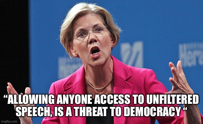 Warren loosing her shit | “ALLOWING ANYONE ACCESS TO UNFILTERED SPEECH, IS A THREAT TO DEMOCRACY “ | image tagged in warren pooped,shit,warren,twitter,fun,meme | made w/ Imgflip meme maker