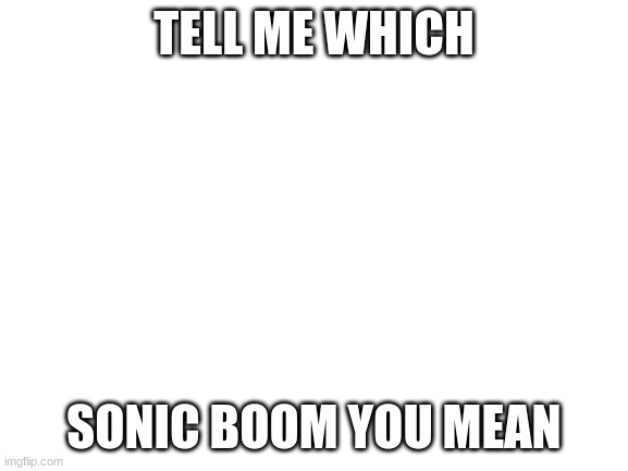 Blank White Template | TELL ME WHICH SONIC BOOM YOU MEAN | image tagged in blank white template | made w/ Imgflip meme maker