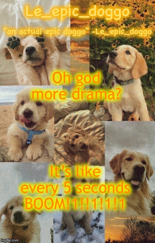 Doggo temp by doggo. Wait what that’s confusing | Oh god more drama? It’s like every 5 seconds BOOM!1!!1!1!1 | image tagged in doggo temp by doggo wait what that s confusing | made w/ Imgflip meme maker