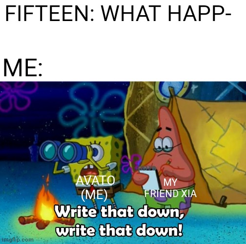 Me and my friend doing something ilegal | FIFTEEN: WHAT HAPP-; ME:; AVATO (ME); MY FRIEND XIA | image tagged in write that down,numberblocks,spongebob squarepants | made w/ Imgflip meme maker