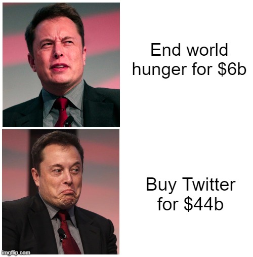 Now THOSE people can end world hunger 7 times over! | End world hunger for $6b; Buy Twitter for $44b | made w/ Imgflip meme maker