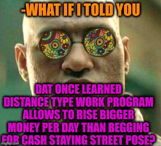 -We are rich group. | -WHAT IF I TOLD YOU; DAT ONCE LEARNED DISTANCE TYPE WORK PROGRAM ALLOWS TO RISE BIGGER MONEY PER DAY THAN BEGGING FOR CASH STAYING STREET POSE? | image tagged in acid kicks in morpheus,social distance,begging for upvotes,cash me outside,wolf of wall street,going to need a bigger boat | made w/ Imgflip meme maker