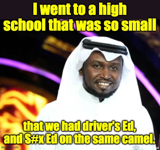Small school | I went to a high school that was so small; that we had driver's Ed, and S#x Ed on the same camel. | image tagged in black arab | made w/ Imgflip meme maker