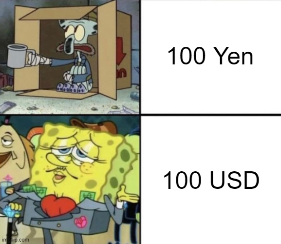 creativetitle2.txt |  100 Yen; 100 USD | image tagged in poor squidward vs rich spongebob,money,fun,memes,oh wow are you actually reading these tags | made w/ Imgflip meme maker