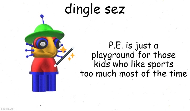 based on my experience | dingle sez; P.E. is just a playground for those kids who like sports too much most of the time | image tagged in dingle says | made w/ Imgflip meme maker