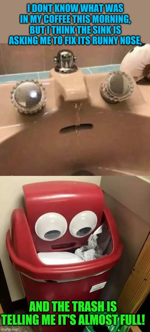 Seeing Faces | I DONT KNOW WHAT WAS IN MY COFFEE THIS MORNING, BUT I THINK THE SINK IS ASKING ME TO FIX ITS RUNNY NOSE, AND THE TRASH IS TELLING ME IT'S ALMOST FULL! | image tagged in sink,trash can,faces,funny,coffee,funny memes | made w/ Imgflip meme maker