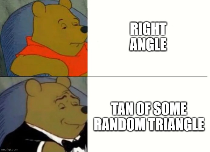 Mafs | RIGHT ANGLE; TAN OF SOME RANDOM TRIANGLE | image tagged in fancy winnie the pooh meme | made w/ Imgflip meme maker