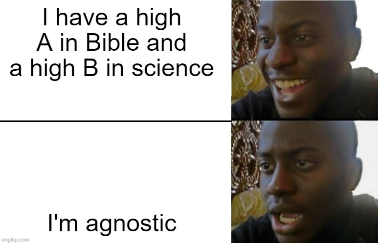 Disappointed Black Guy | I have a high A in Bible and a high B in science; I'm agnostic | image tagged in disappointed black guy | made w/ Imgflip meme maker