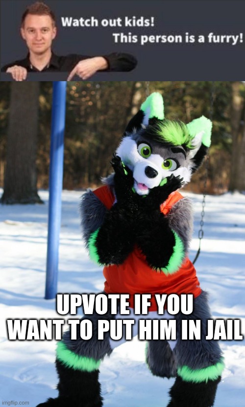 UPVOTE IF YOU WANT TO PUT HIM IN JAIL | image tagged in watch out kids this person is a furry | made w/ Imgflip meme maker