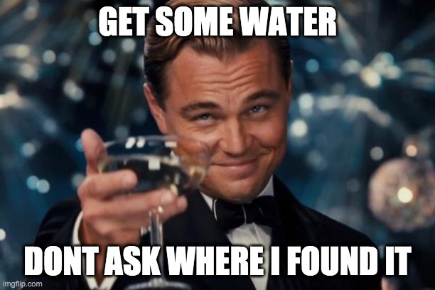 Leonardo Dicaprio Cheers | GET SOME WATER; DONT ASK WHERE I FOUND IT | image tagged in memes,leonardo dicaprio cheers | made w/ Imgflip meme maker