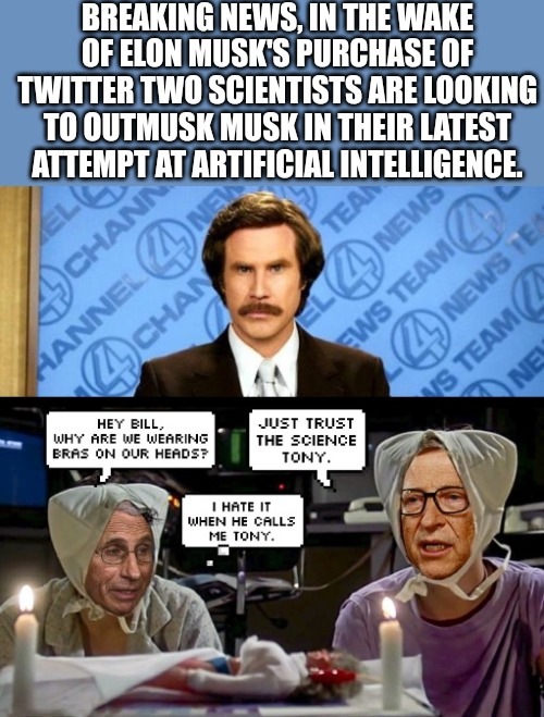 Outmusking Musk | BREAKING NEWS, IN THE WAKE OF ELON MUSK'S PURCHASE OF TWITTER TWO SCIENTISTS ARE LOOKING TO OUTMUSK MUSK IN THEIR LATEST ATTEMPT AT ARTIFICIAL INTELLIGENCE. | image tagged in elon musk,twitter,free speech,artificial intelligence,tesla,social media | made w/ Imgflip meme maker