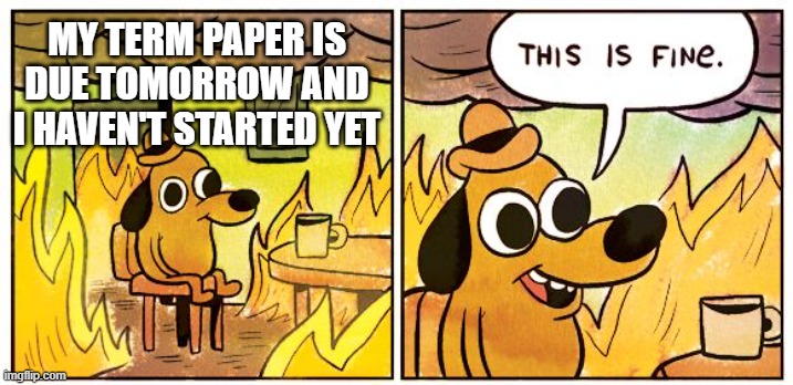 This Is Fine | MY TERM PAPER IS DUE TOMORROW AND I HAVEN'T STARTED YET | image tagged in memes,this is fine | made w/ Imgflip meme maker