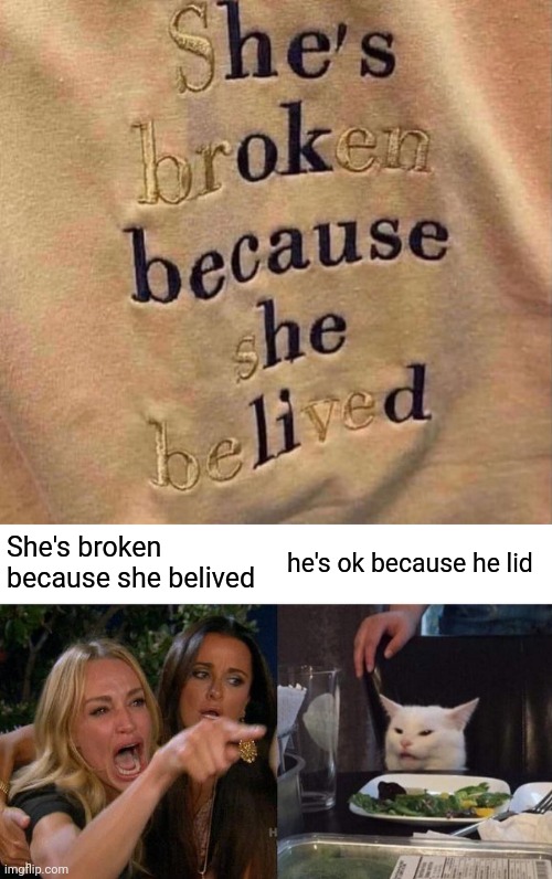 Hehehe | She's broken because she belived; he's ok because he lid | image tagged in memes,woman yelling at cat,you had one job,meme,crappy design,design fails | made w/ Imgflip meme maker