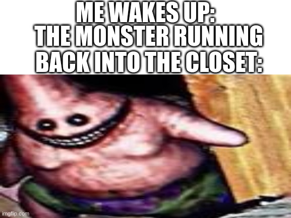 ME WAKES UP:; THE MONSTER RUNNING BACK INTO THE CLOSET: | image tagged in no patrick | made w/ Imgflip meme maker