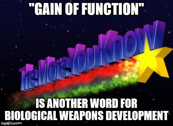 the more you know | "GAIN OF FUNCTION" IS ANOTHER WORD FOR BIOLOGICAL WEAPONS DEVELOPMENT | image tagged in the more you know | made w/ Imgflip meme maker