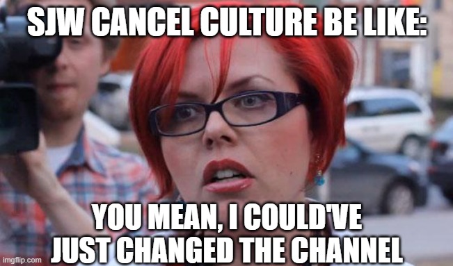 Angry Feminist | SJW CANCEL CULTURE BE LIKE:; YOU MEAN, I COULD'VE JUST CHANGED THE CHANNEL | image tagged in angry feminist | made w/ Imgflip meme maker