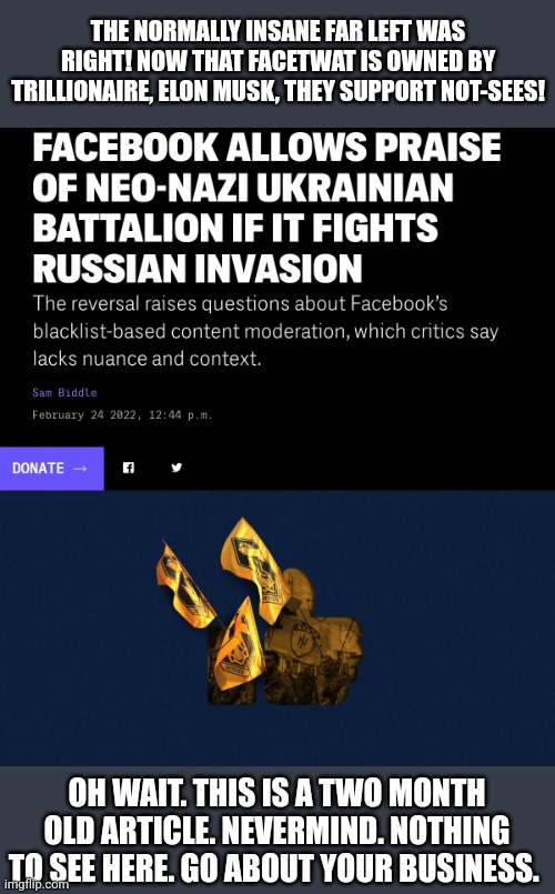 Panic. Run around in circles and panic. | THE NORMALLY INSANE FAR LEFT WAS RIGHT! NOW THAT FACETWAT IS OWNED BY TRILLIONAIRE, ELON MUSK, THEY SUPPORT NOT-SEES! OH WAIT. THIS IS A TWO MONTH OLD ARTICLE. NEVERMIND. NOTHING TO SEE HERE. GO ABOUT YOUR BUSINESS. | image tagged in facebook,elon musk,damn,billionaire,we support nazis when it fits,the narrative | made w/ Imgflip meme maker