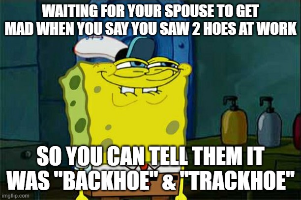 Don't You Squidward | WAITING FOR YOUR SPOUSE TO GET MAD WHEN YOU SAY YOU SAW 2 HOES AT WORK; SO YOU CAN TELL THEM IT WAS "BACKHOE" & "TRACKHOE" | image tagged in memes,don't you squidward | made w/ Imgflip meme maker