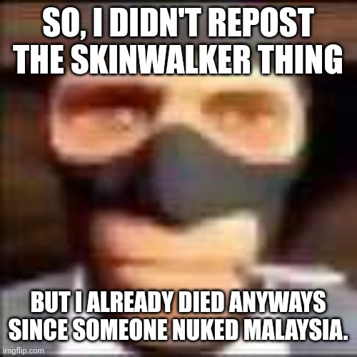 spi | SO, I DIDN'T REPOST THE SKINWALKER THING; BUT I ALREADY DIED ANYWAYS SINCE SOMEONE NUKED MALAYSIA. | image tagged in spi | made w/ Imgflip meme maker