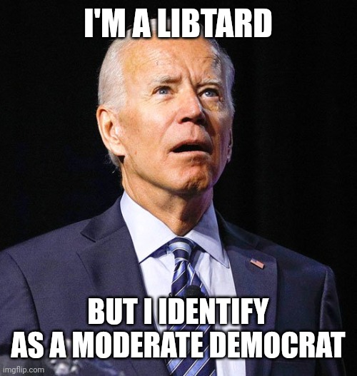 Joe Biden | I'M A LIBTARD; BUT I IDENTIFY AS A MODERATE DEMOCRAT | image tagged in joe biden | made w/ Imgflip meme maker