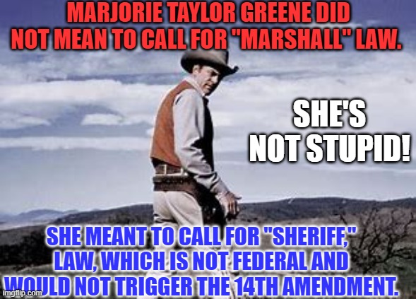Always expect everything you say and write to become public some day. | MARJORIE TAYLOR GREENE DID NOT MEAN TO CALL FOR "MARSHALL" LAW. SHE'S NOT STUPID! SHE MEANT TO CALL FOR "SHERIFF," LAW, WHICH IS NOT FEDERAL AND WOULD NOT TRIGGER THE 14TH AMENDMENT. | image tagged in politics | made w/ Imgflip meme maker