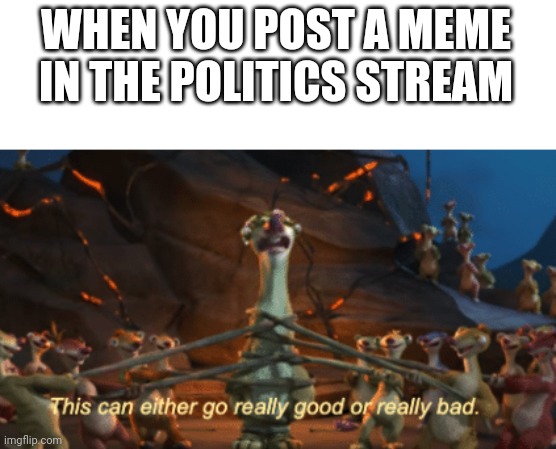 this can go really good or really bad | WHEN YOU POST A MEME IN THE POLITICS STREAM | image tagged in this can go really good or really bad | made w/ Imgflip meme maker