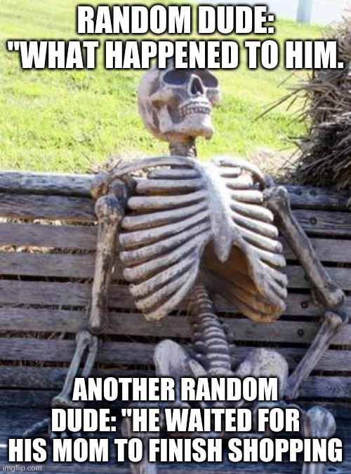 Waiting Skeleton | RANDOM DUDE: "WHAT HAPPENED TO HIM. ANOTHER RANDOM DUDE: "HE WAITED FOR HIS MOM TO FINISH SHOPPING | image tagged in memes,waiting skeleton | made w/ Imgflip meme maker