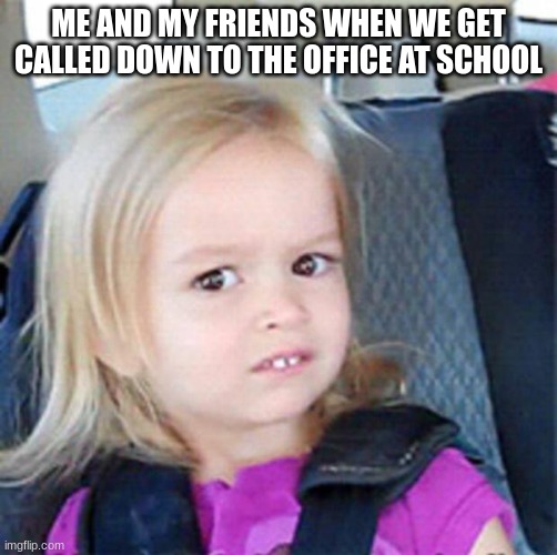 Confused Little Girl | ME AND MY FRIENDS WHEN WE GET CALLED DOWN TO THE OFFICE AT SCHOOL | image tagged in confused little girl | made w/ Imgflip meme maker