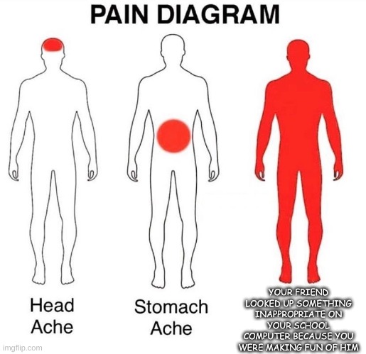 qwertyuiopderftgyhujkdfghj | YOUR FRIEND LOOKED UP SOMETHING INAPPROPRIATE ON YOUR SCHOOL COMPUTER BECAUSE YOU WERE MAKING FUN OF HIM | image tagged in pain diagram | made w/ Imgflip meme maker