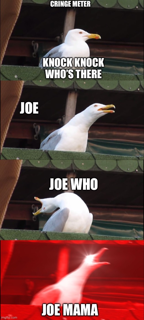 Joe mama oh the cringe | CRINGE METER; KNOCK KNOCK
WHO’S THERE; JOE; JOE WHO; JOE MAMA | image tagged in memes,inhaling seagull | made w/ Imgflip meme maker