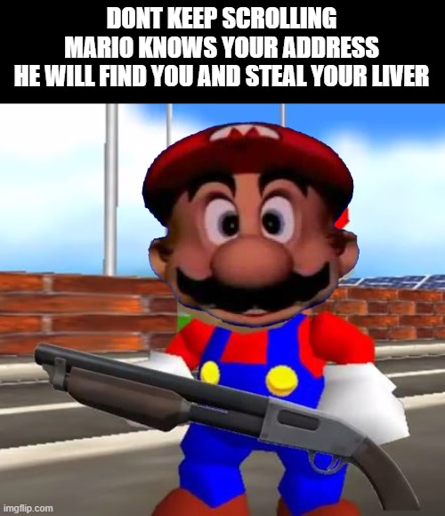DONT SCROLL | DONT KEEP SCROLLING
MARIO KNOWS YOUR ADDRESS
HE WILL FIND YOU AND STEAL YOUR LIVER | image tagged in smg4 shotgun mario | made w/ Imgflip meme maker